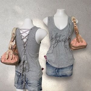 Harley Davidson Grey Lace Up Back Tank Top w/ Rhinestoned Logo